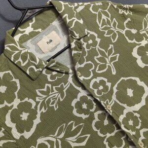 Folk Clothing Shirt Men's L Green Floral Hawaiian Camp Woven Cotton Short Sleeve